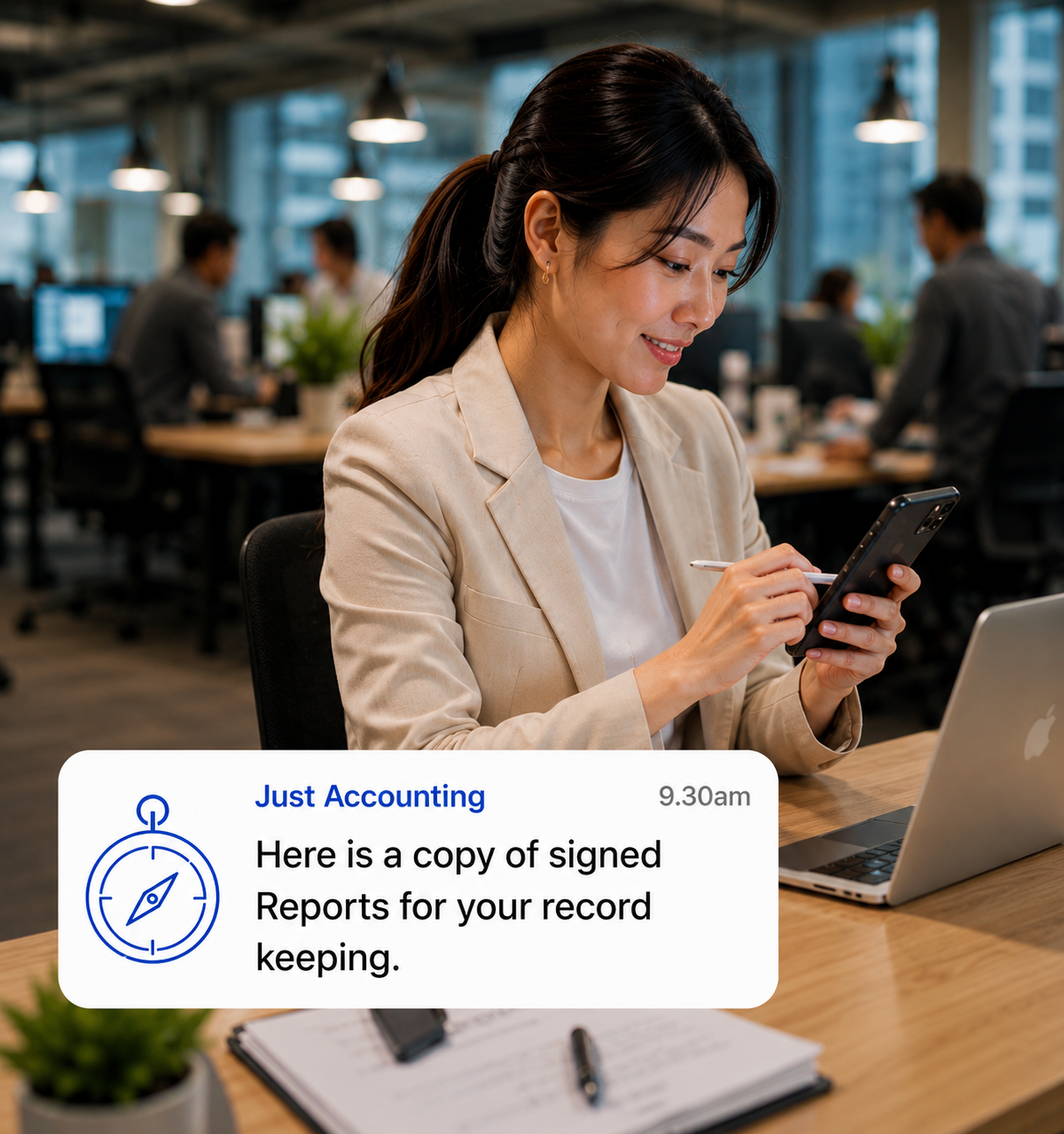 Singapore business owner electronically signing financial reports on mobile phone with accounting and corporate secretarial services